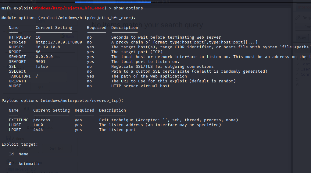 metasploit HFS exploit options